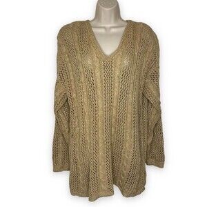 Vintage Casual Corner Gold Metallic V Neck Long Sleeve Tunic Sweater Medium